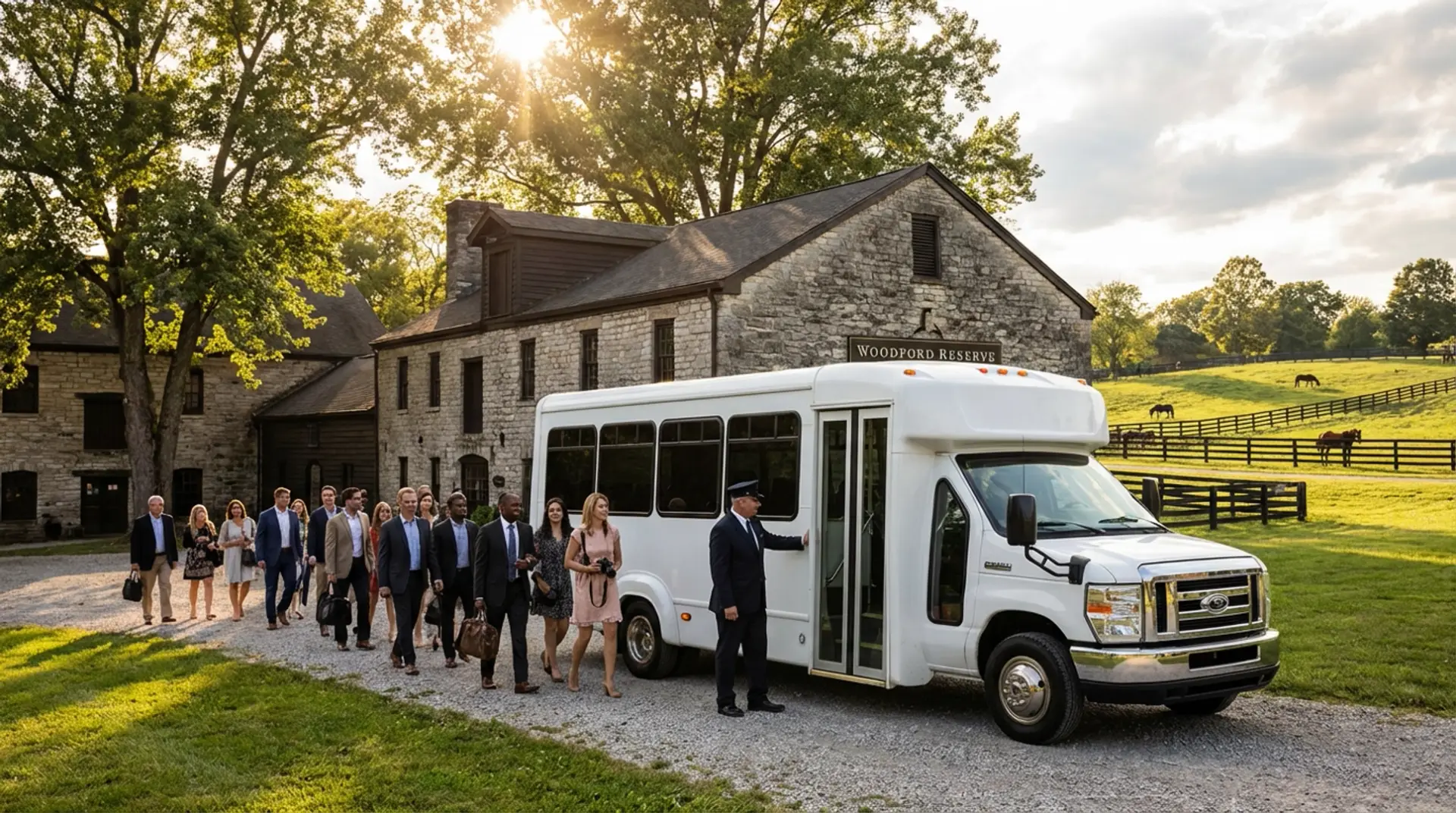 Bourbon tour party bus at Woodford Reserve Distillery in Kentucky