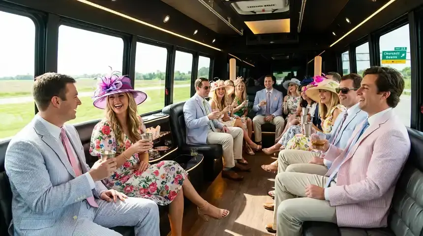 Kentucky Derby party arriving by limo bus at Churchill Downs in Louisville