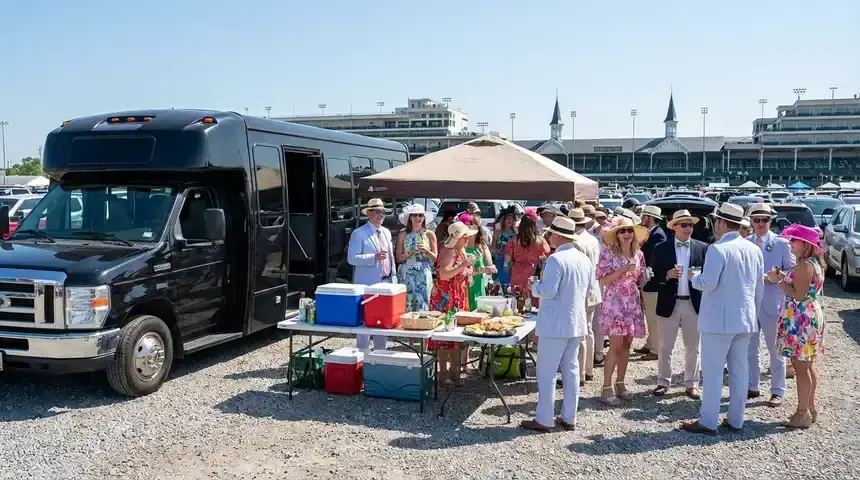 Kentucky Derby tailgating setup with a party bus near Churchill Downs