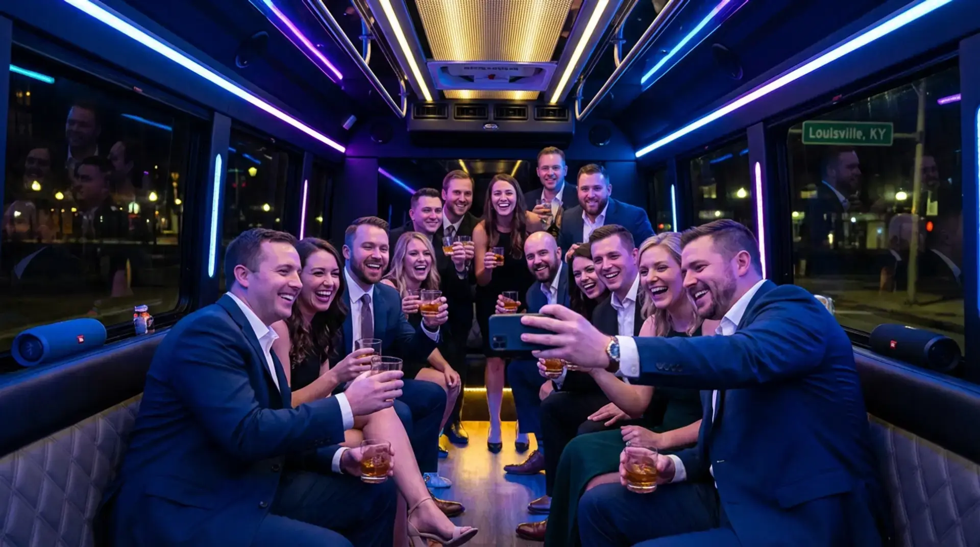 Louisville private party bus rental at night in Kentucky
