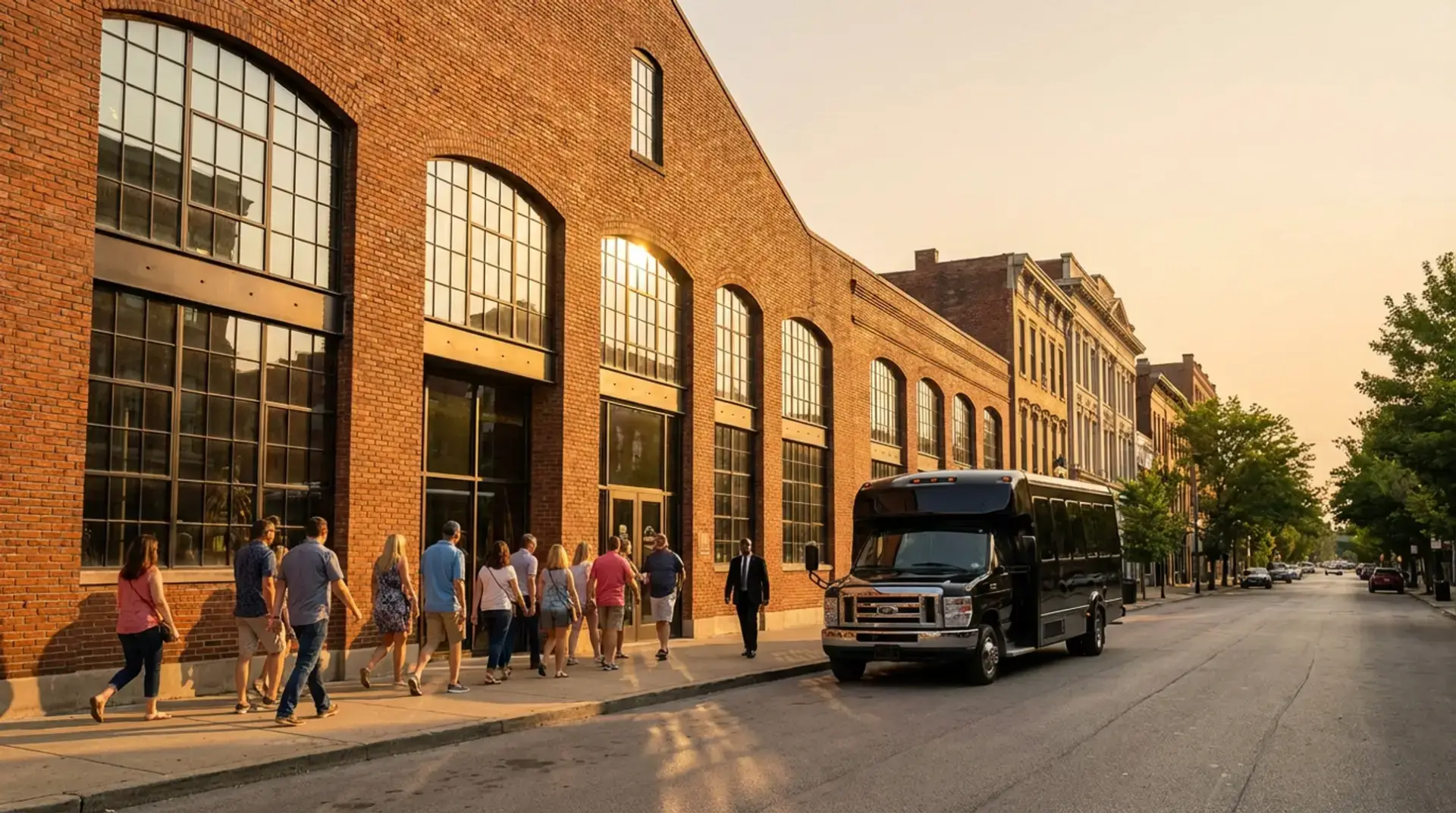 Party Bus Bourbon Tours outside Angels Envy Distillery in Louisville Kentucky