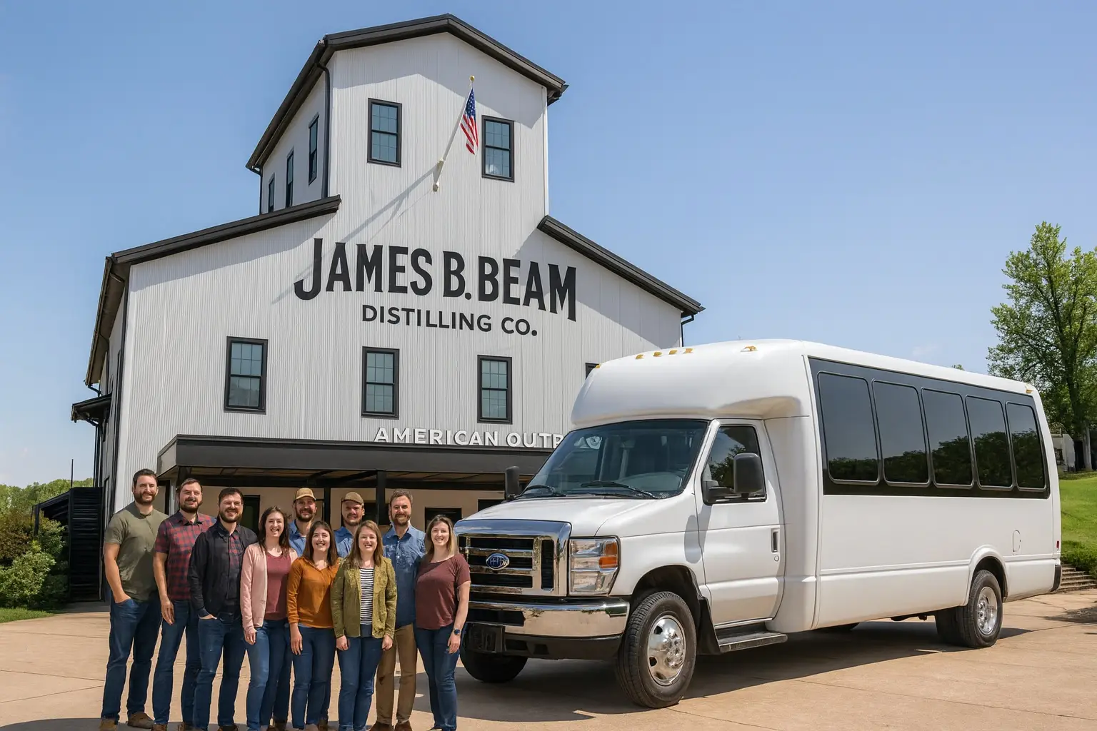 Party bus in front of James B. Beam Distilling Co in Clermont Kentucky