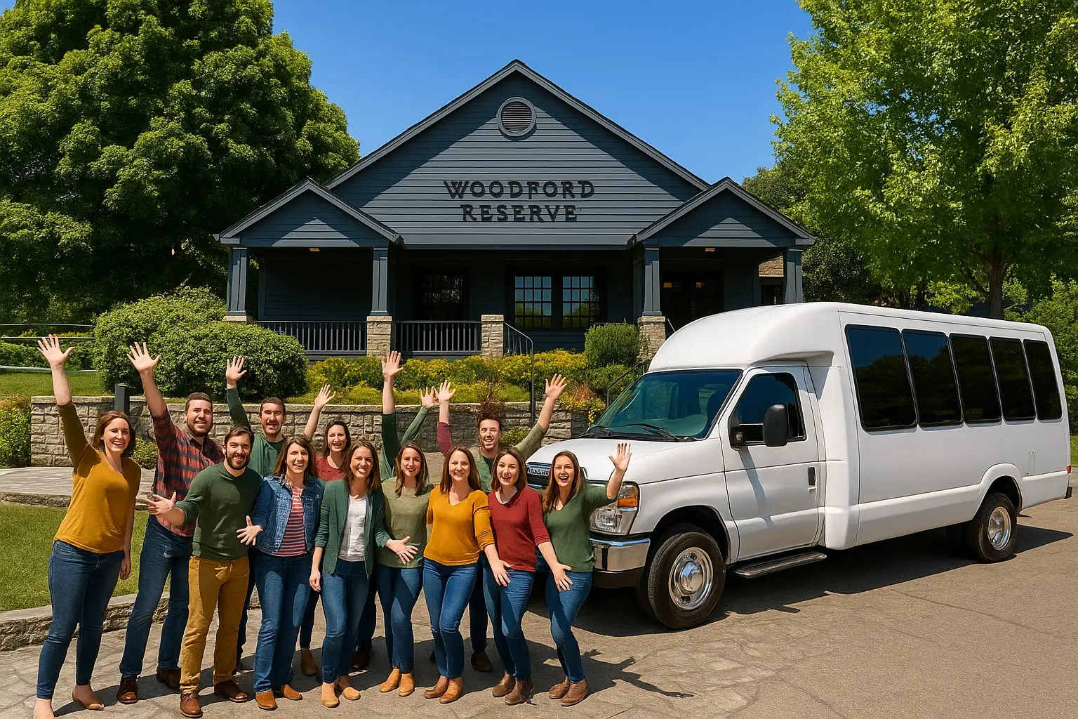 Party bus arriving at Woodford Reserve Distillery in Versailles Kentucky