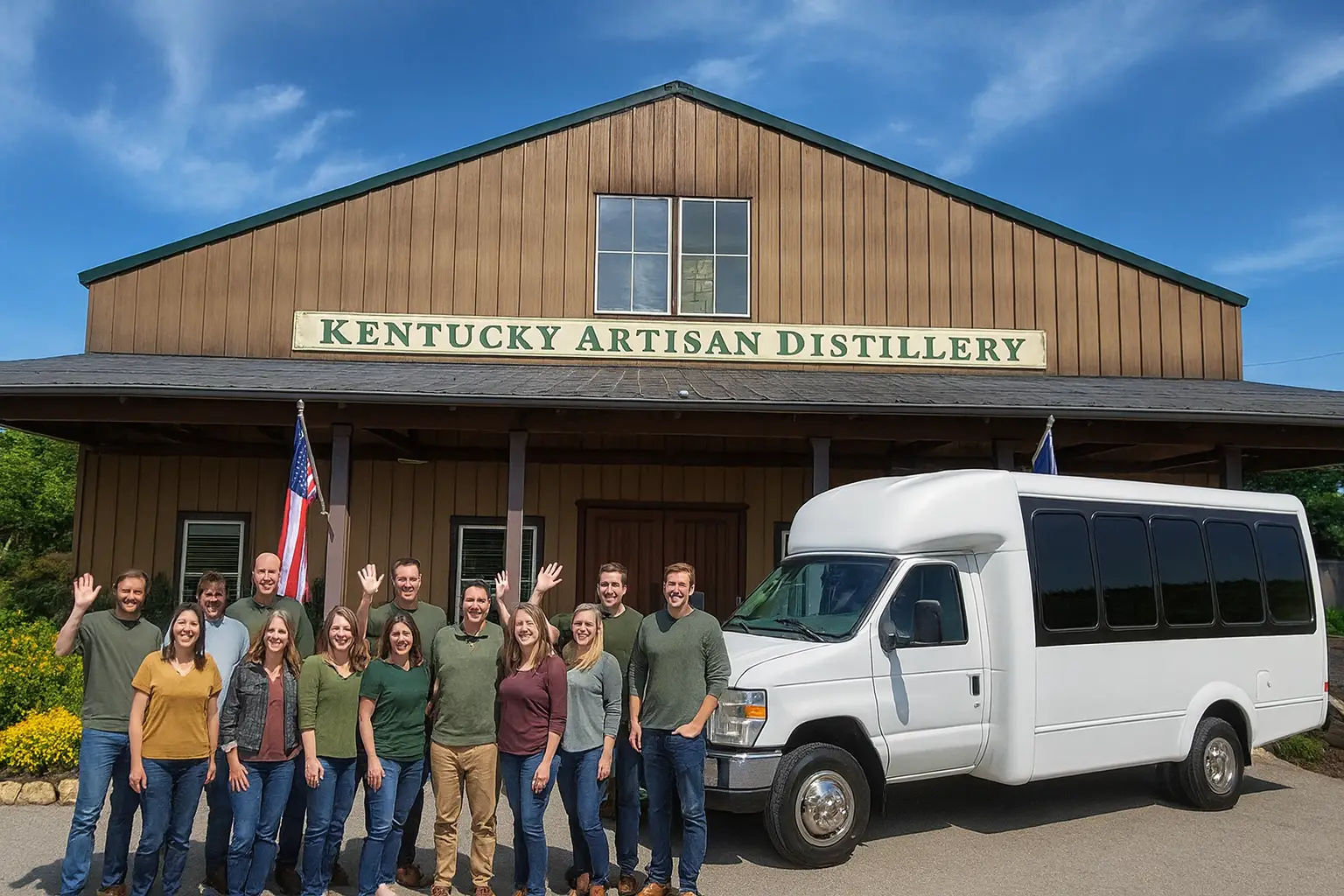 Party bus bourbon tours group photo at Kentucky Artisan Distillery in Kentucky