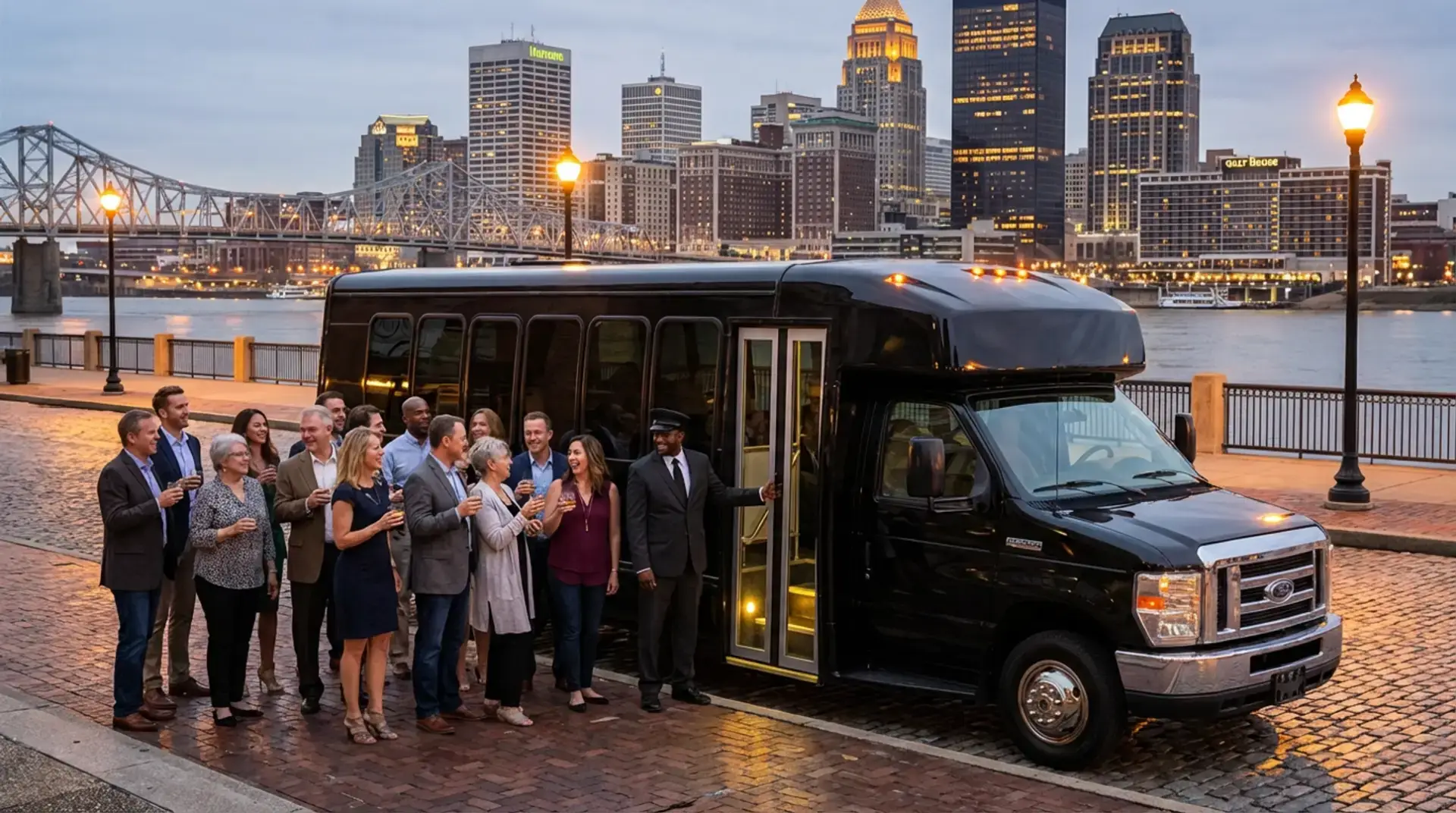 Party Bus Bourbon Tours vehicle in downtown Louisville Kentucky